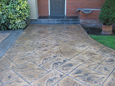 concrete walkway, stamped, interlock, stone, colour, patterns, nice landscape, Flandscape, London Ontario, Landscape Construction