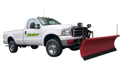 White Flandscape pick up work truck with Red Snow Plow